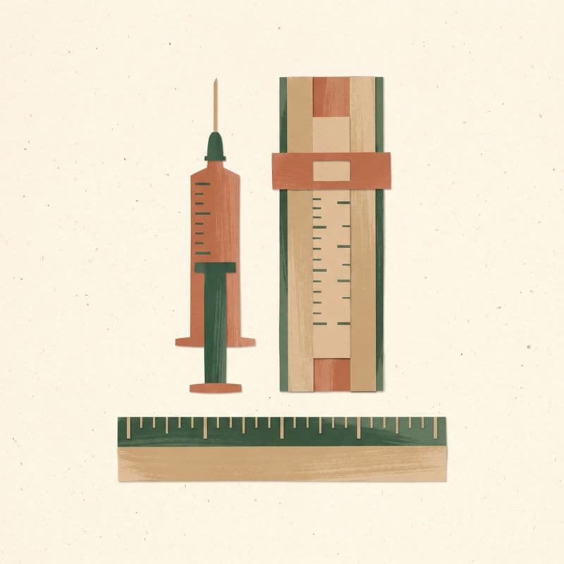 Paper-cut illustration of a syringe with plain tick marks beside a slide rule and a ruler